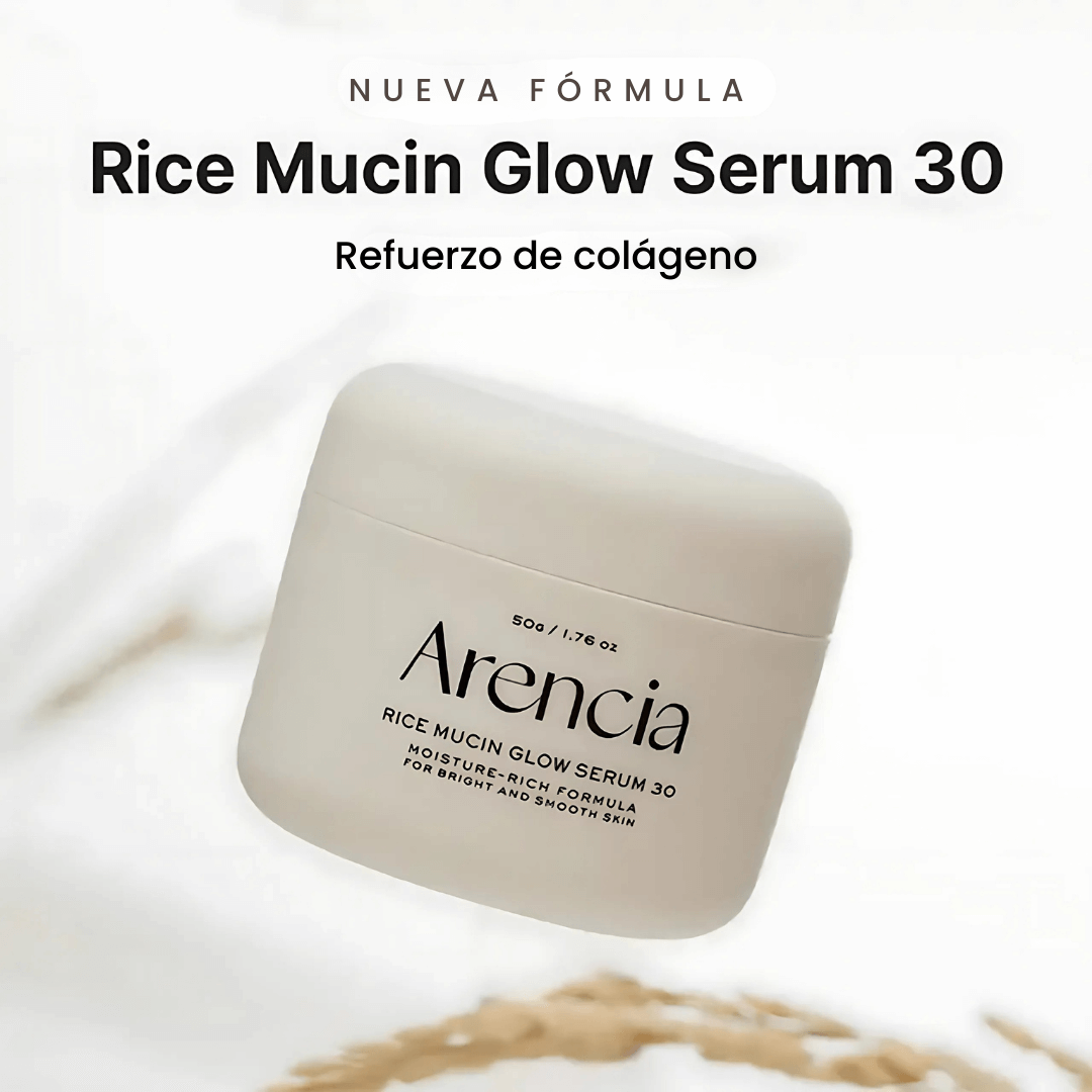 Rice Mucin Glow Serum 30 con colágeno y ácido hialurónico para mayor elasticidad y suavidad.