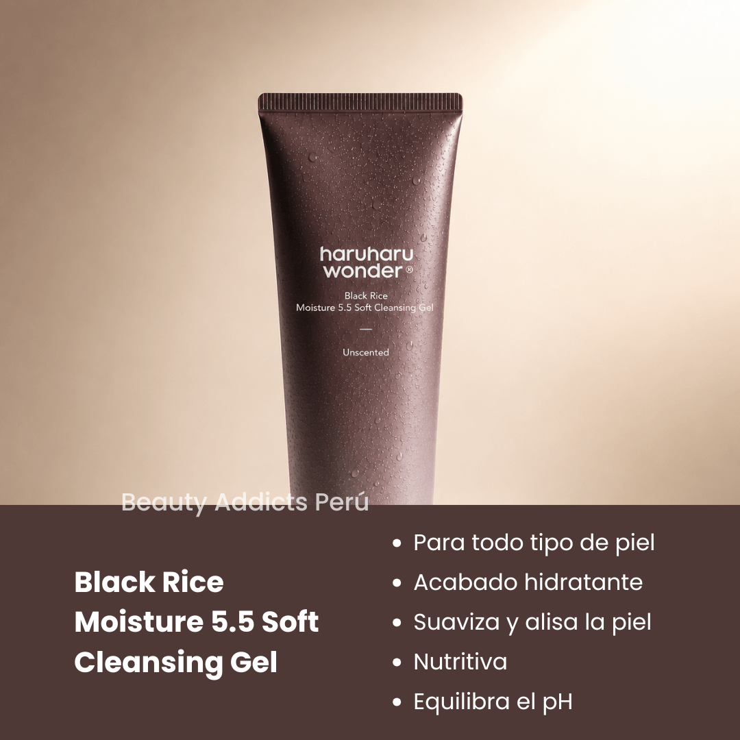 Gel limpiador Haruharu Wonder Black Rice Moisture con pH 5.5 que limpia suavemente sin alterar la barrera cutánea, ideal para piel sensible.