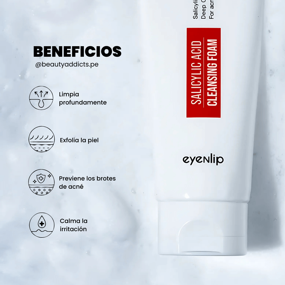 Espuma limpiadora con ácido salicílico de Eyenlip que elimina impurezas y células muertas sin resecar la piel.