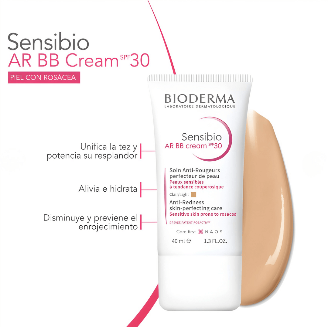 Sensibio AR BB Cream SPF 30 Bioderma reduce la visibilidad de rojeces y mejora la luminosidad.