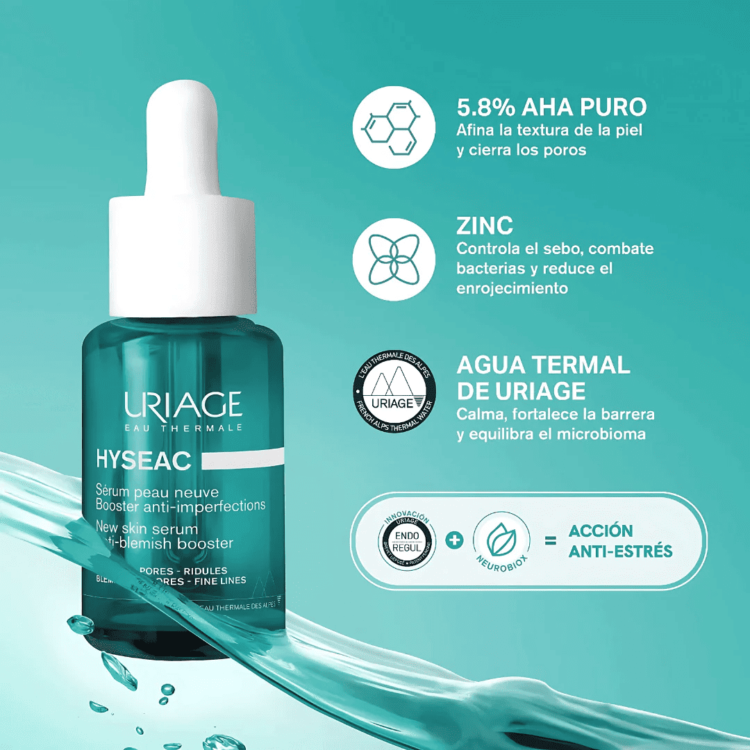 Sérum Uriage Hyseac con 5.8 % de AHAs, zinc y Agua Termal para reducir imperfecciones y poros