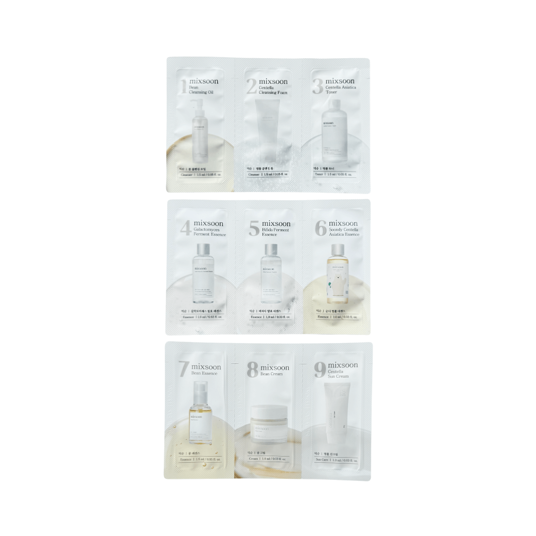 Set de prueba 9 pasos de Mixsoon perfecta para iniciar tu primera rutina de skincare coreano.