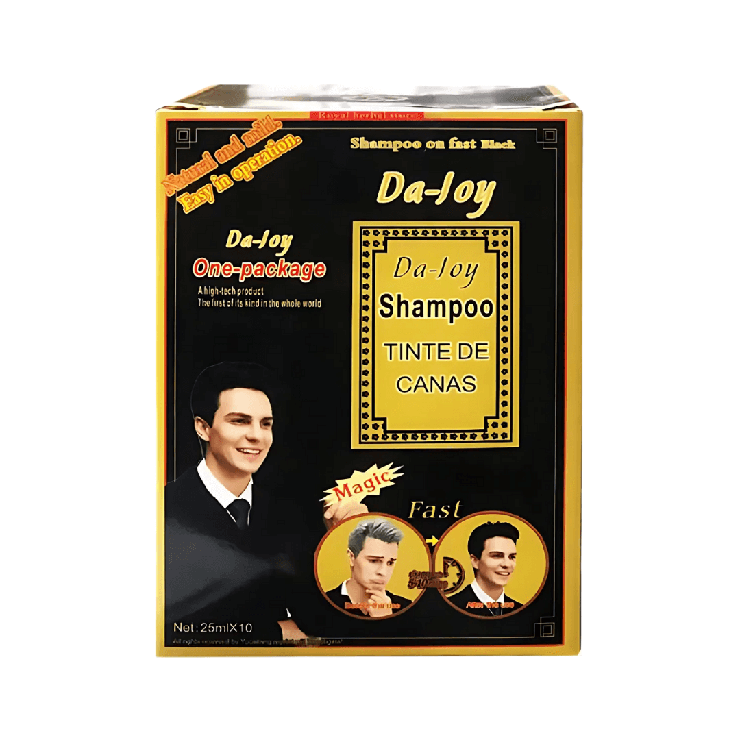 Dajoy Shampoo tinte de canas en tono negro que cuida y colorea el cabello de forma práctica y rápida.