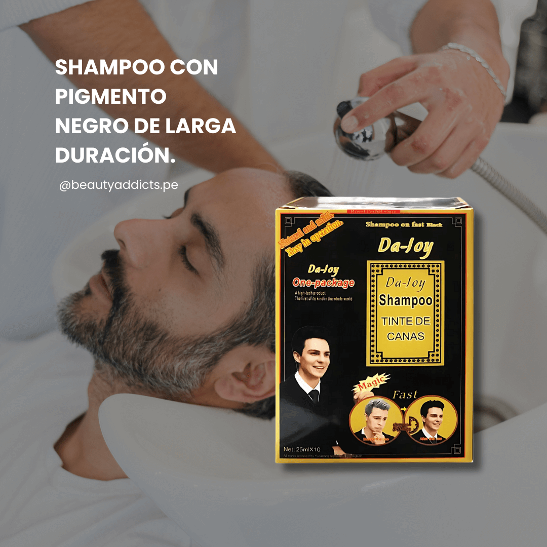 Dajoy Shampoo Tinte Negro, coloración semi permanente para disimular las canas sin dañar el cabello.