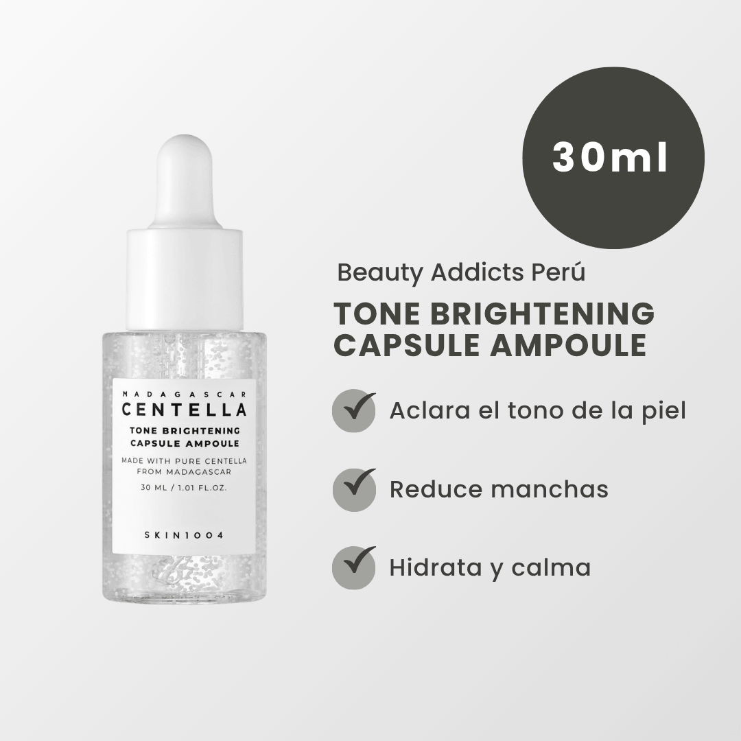 Tone brightening capsule ampoule. Set de skincare con activos despigmentantes suaves y efecto calmante para uso diario.