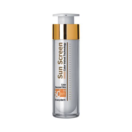 Protector solar facial Frezyderm Color Velvet SPF 50+ que unifica el tono de piel.