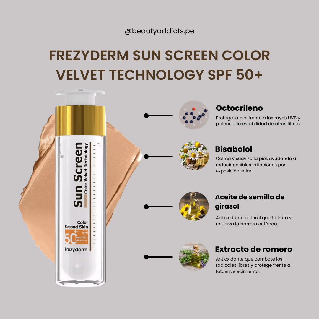 Sun Screen Color Velvet Technology SPF 50 Frezyderm protege del fotoenvejecimiento y realza el tono.