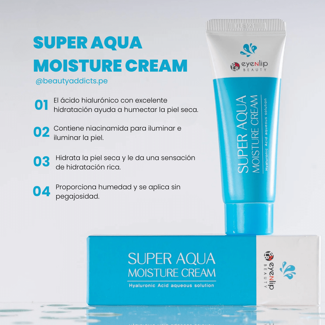 Eyenlip Super Aqua Moisture Cream contiene ácido hialurónico que hidrata pieles deshidratadas y apagadas.