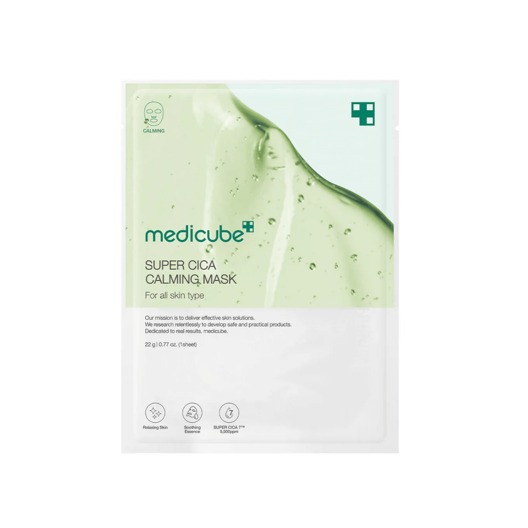 Medicube Super Cica Calming Mask con centella asiática que ofrece un efecto calmante para aliviar la piel irritada.