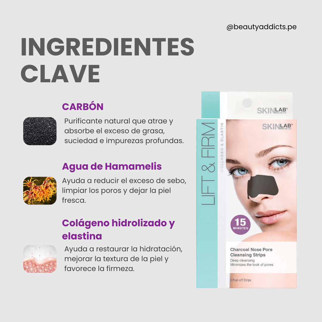 SkinLab tiras nasales con colágeno y elastina para hidratar y suavizar piel.