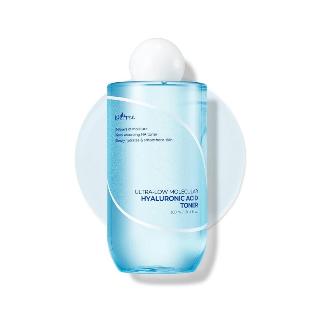 Isntree Ultra Molecular Hyaluronic Acid Toner que mejora la elasticidad de la piel con ácido hialurónico.