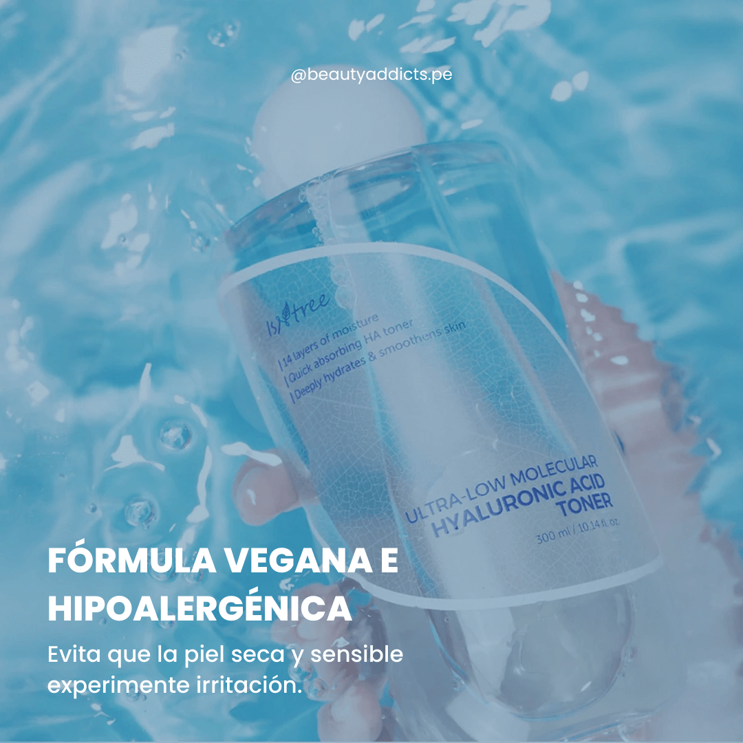 Ultra Low Molecular Hyaluronic Acid Toner con fórmula vegana apta para piel seca y deshidratada.