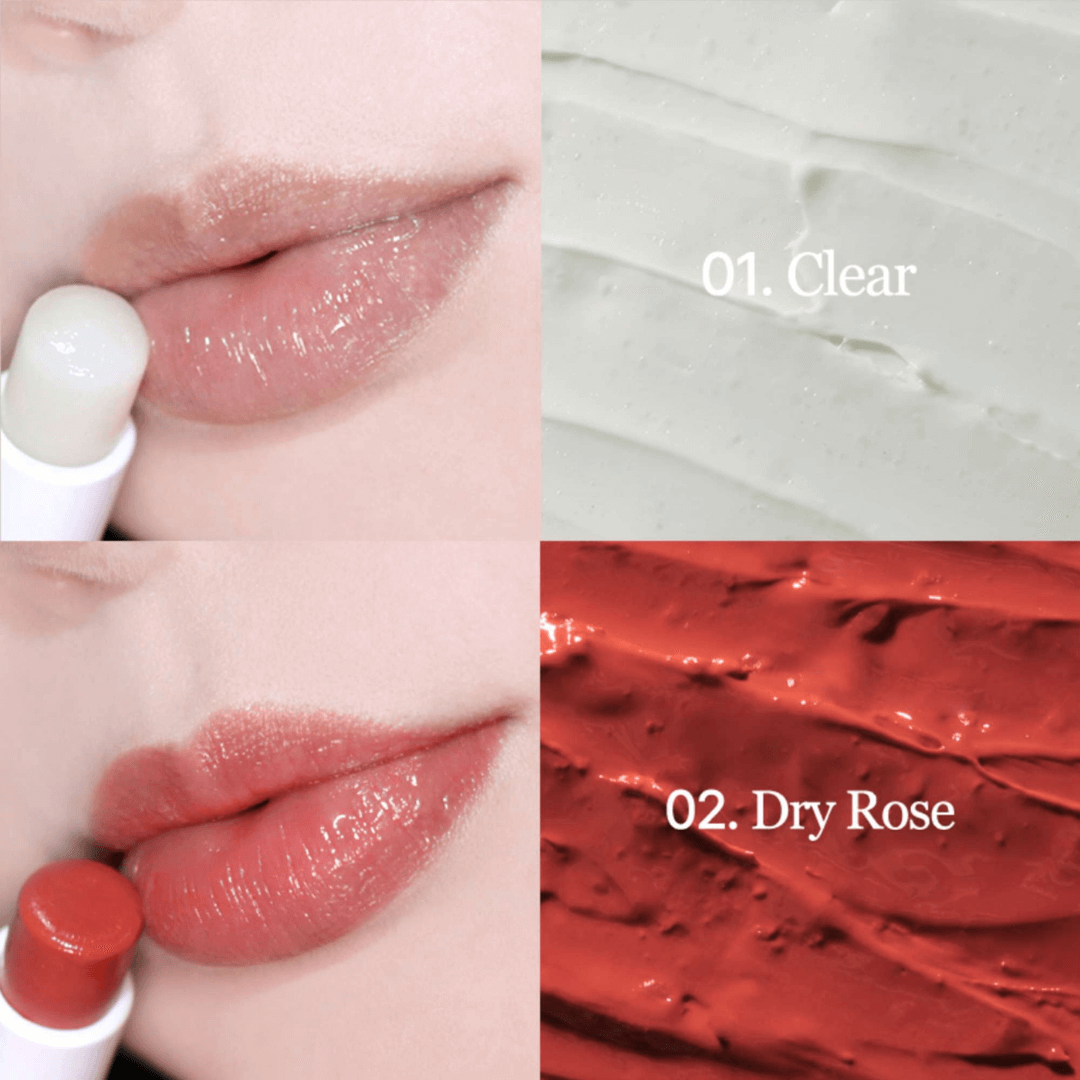 Vegan Melting Lip Balm de Mixsoon, fórmula vegana con textura cremosa de  tono 01 Clear y 02 Dry Rose.