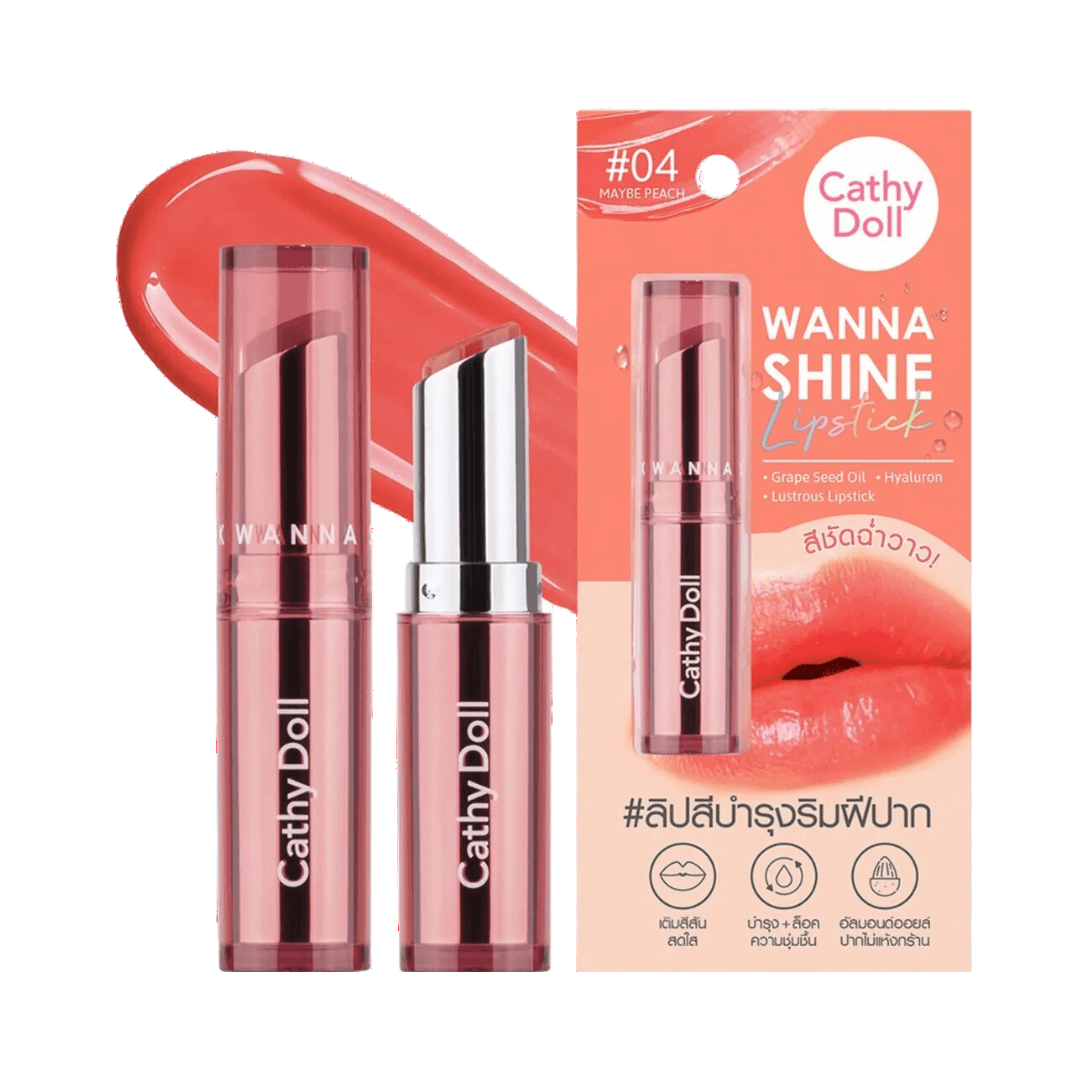 Wanna Shine Lipstick Cathy Doll tono Maybe Peach 04.