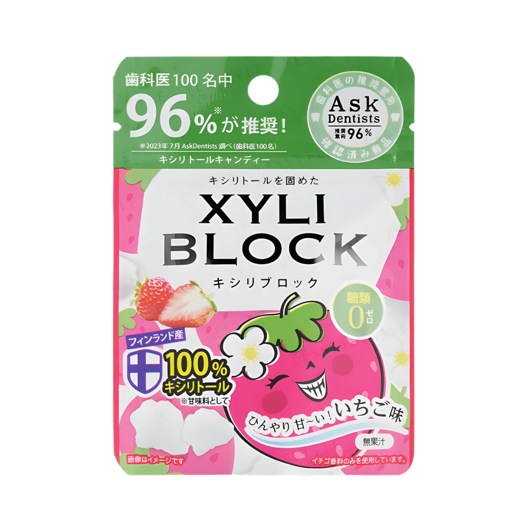 XYLI Block Cavity Preventing Xylitol Strawberry Okuchi protege los dientes con sabor a fresa fresca.