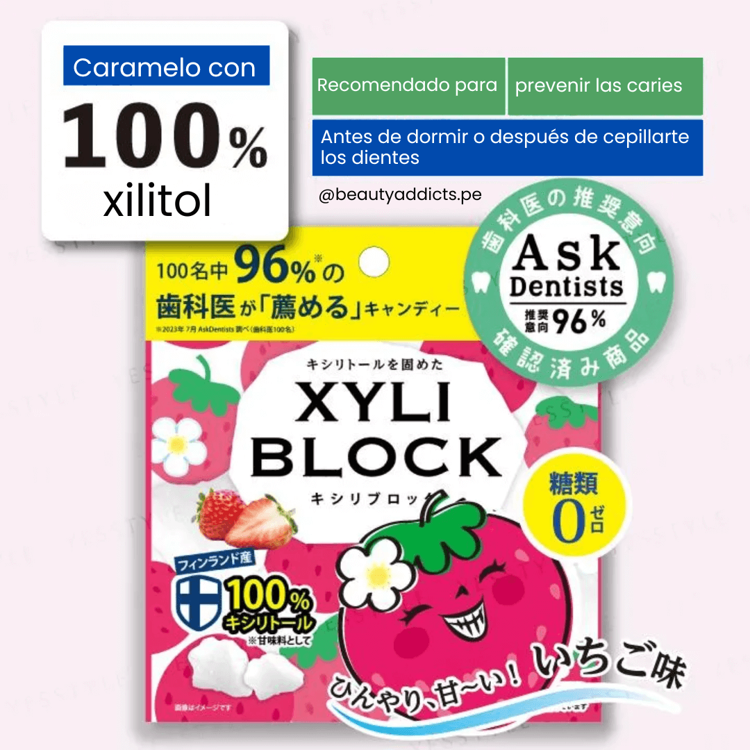 XYLI Block Cavity Preventing Xylitol Strawberry Okuchi cuida el esmalte con xilitol natural.