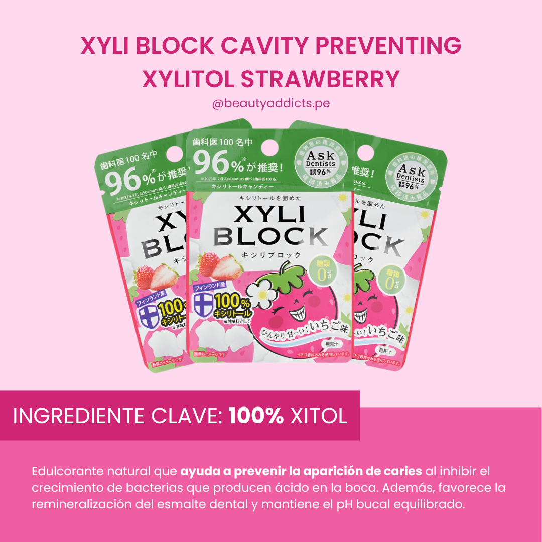 XYLI Block Cavity Preventing Xylitol Strawberry Okuchi previene caries y refresca el aliento.