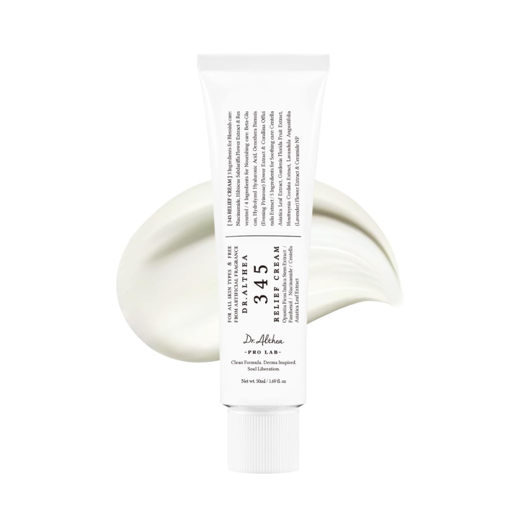 Crema 345NA Relief Cream de Dr. Althea, hidratante y calmante para piel sensible o irritada, enriquecida con ingredientes naturales que restauran y protegen la barrera cutánea.