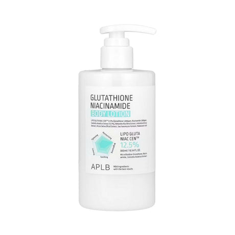 Glutathione Niacinamide Body Lotion de APLB, loción corporal con glutatión y niacinamida para iluminar y unificar el tono de la piel.