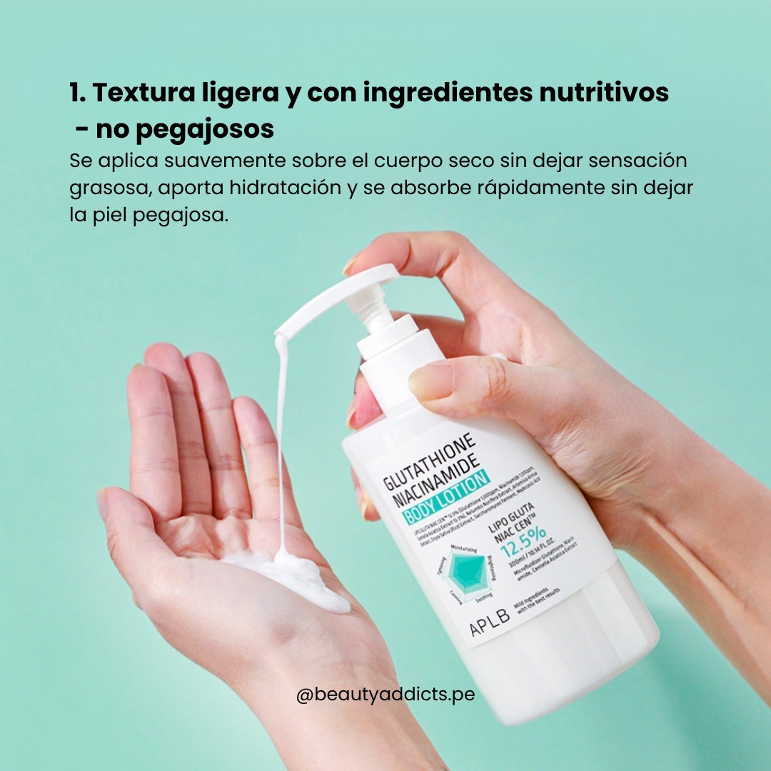 Hidratante corporal con glutatión de APLB, perfecta para reducir imperfecciones y restaurar la luminosidad natural.