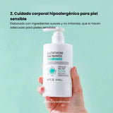 Glutathione Niacinamide Body Lotion de APLB, loción ligera que equilibra el tono y mejora la elasticidad de la piel.