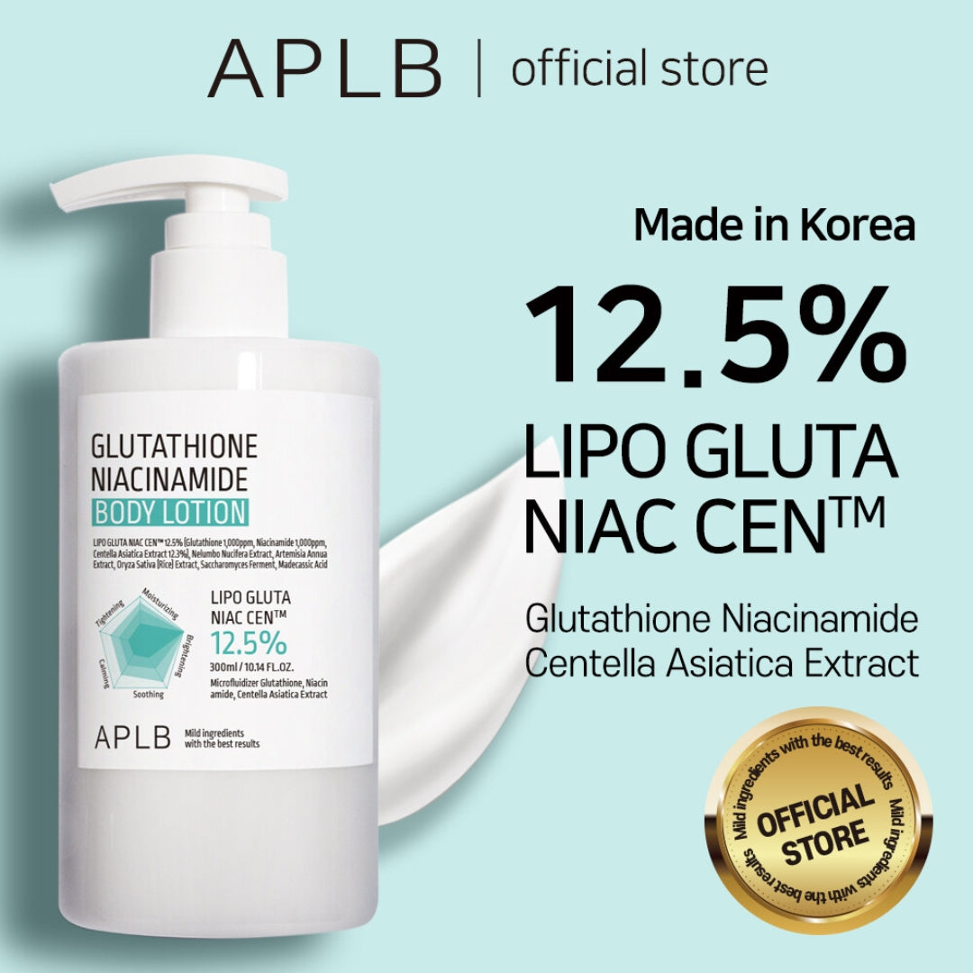 Loción corporal de APLB con glutatión y niacinamida, beneficiosa para suavizar, hidratar y unificar el tono de la piel.