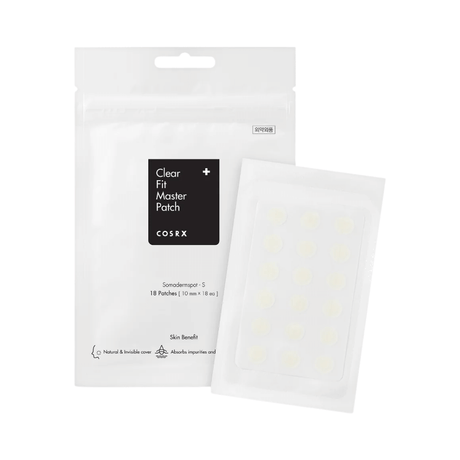 Parches antiacné ultrafinos COSRX Clear Fit Master Patch invisibles bajo maquillaje.