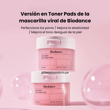 Pads faciales Collagen Gel Toner de Biodance, formulados con colágeno para refrescar e hidratar profundamente la piel.