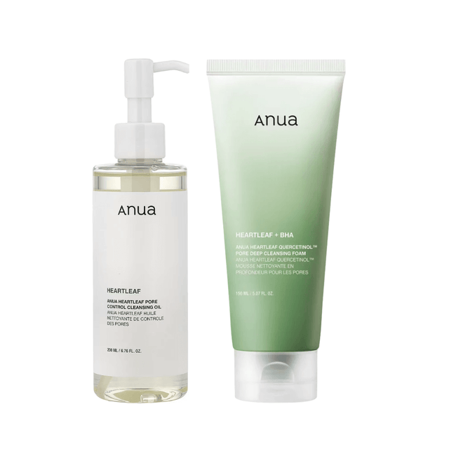 Set de doble limpieza Anua con limpiador a base de agua y aceite para una limpieza profunda y suave del rostro.