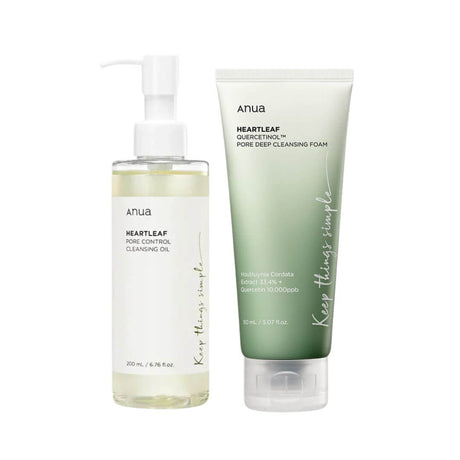 Set de doble limpieza Anua con limpiador a base de agua y aceite para una limpieza profunda y suave del rostro.