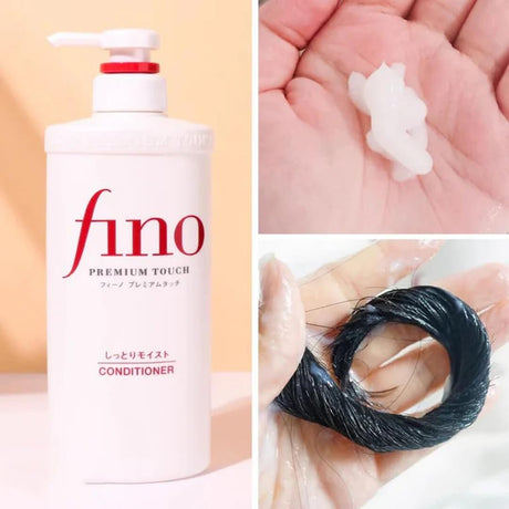 Detalle del Fino Premium Touch Conditioner de Shiseido, acondicionado para revitalizar el cabello dañado.