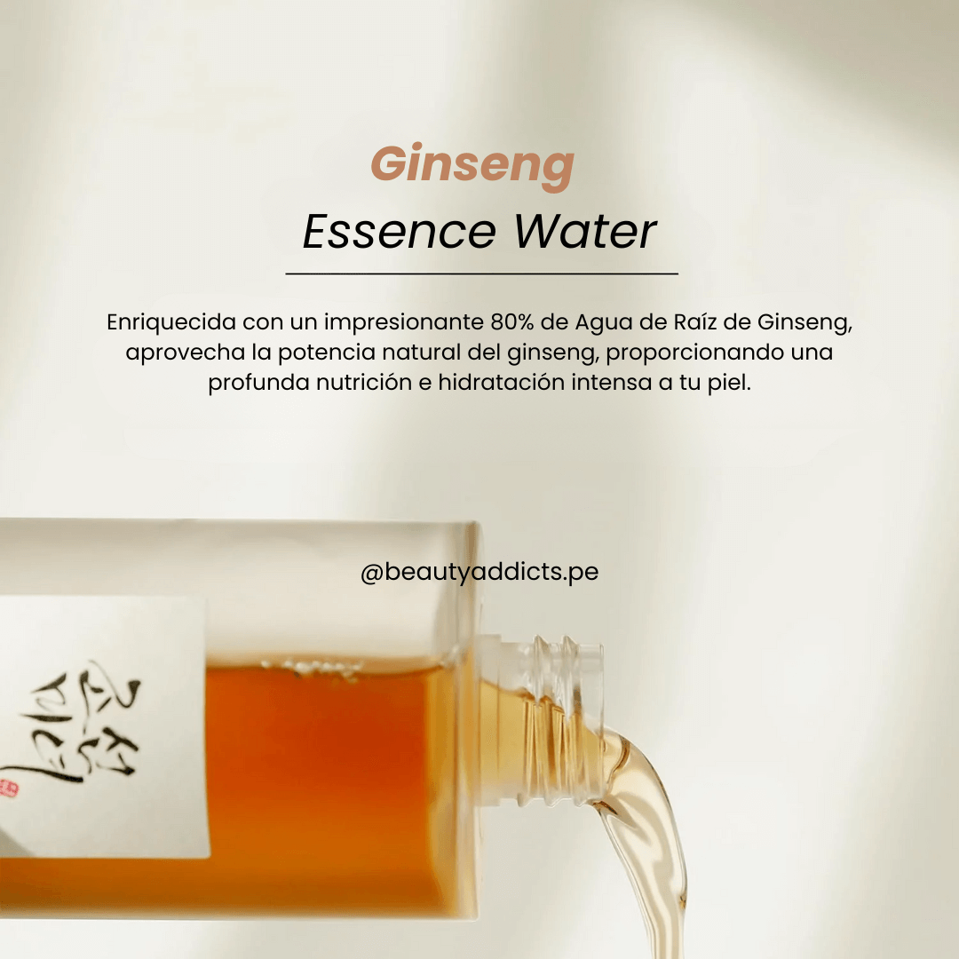 Ginseng Essence Water, esencia anti-edad que mejora la elasticidad y aporta hidratación profunda para un cutis radiante.