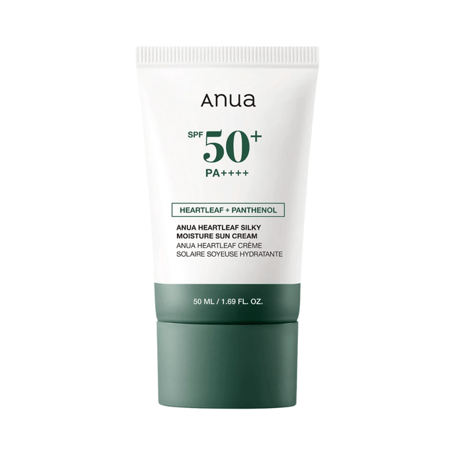 Anua Heartleaf Silky Sun Cream SPF50 para protección y calma en la piel.