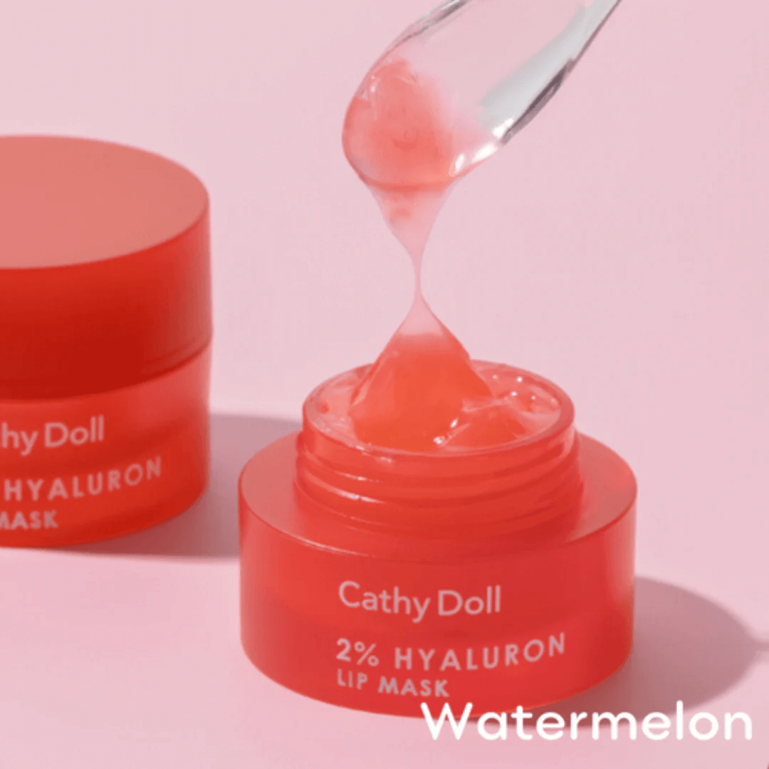 Mascarilla hidratrante de labios de ácido hialuronico, 2% Hyaluron Lip Mask de Cathy Doll, en tono Watermelon, con un jugoso color inspirado en la sandía, diseñado para unos labios frescos, suaves y radiantes.