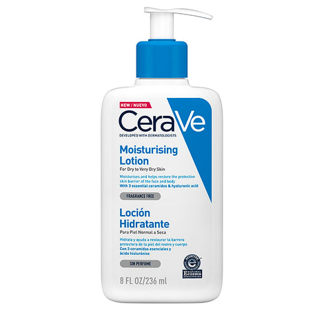 CeraVe Loción Hidratante con ceramidas y ácido hialurónico para rostro y cuerpo.