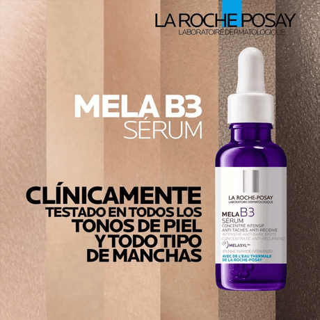 Serum Mela B3 Anti-manchas, potente tratamiento despigmentante que combate manchas oscuras y promueve un tono de piel más uniforme.