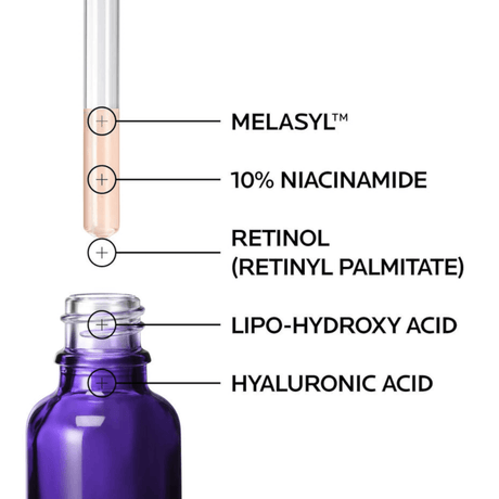 Serum Anti-manchas Mela B3, diseñado para tratar manchas solares y post-acné, dejando la piel más uniforme.