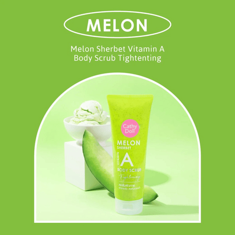 Melon Sherbet Vitamin A Body Scrub Cathy Doll elimina células muertas con gránulos suaves.