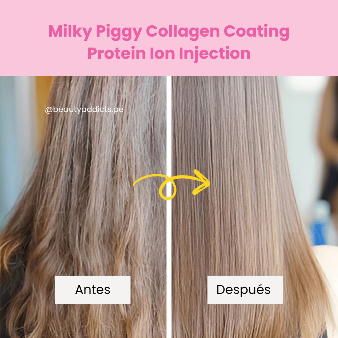 Elizavecca Milky Piggy Collagen Coating Protein Ion Injection, fórmula enriquecida con proteínas y colágeno para nutrir profundamente el cabello.