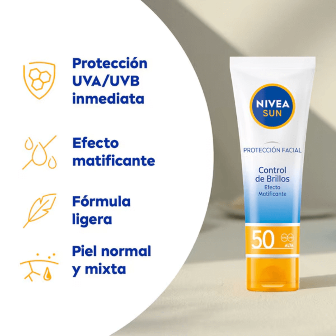 Nivea Control de Brillo SPF50, protector solar de alta protección que deja la piel mate y sin sensación grasosa.