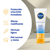 Nivea Control de Brillo SPF50, protector solar de alta protección que deja la piel mate y sin sensación grasosa.