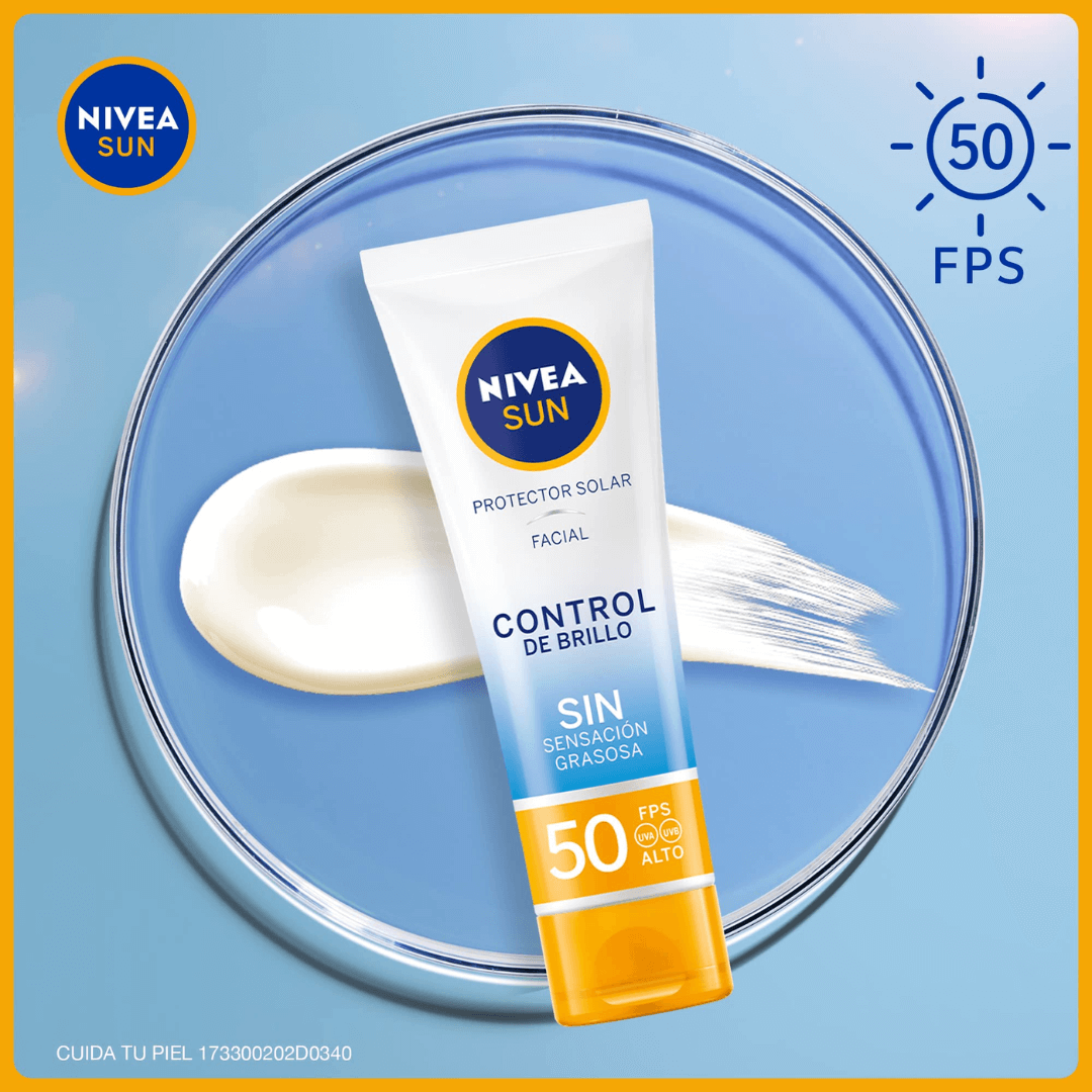 Nivea Control de Brillo SPF50, protector solar matificante con protección alta contra los rayos UVA y UVB.