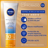 Nivea Protector Solar Control Brillo SPF50 Tono Medio no deja marcas blancas y ayuda a unificar el tono.