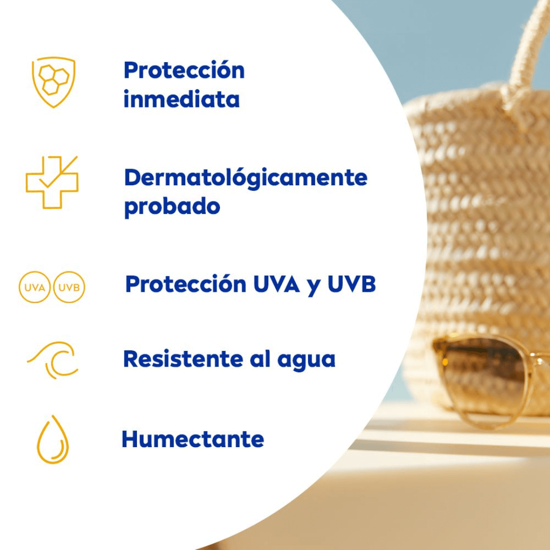 Protector solar con Pantenol Protect & Hydrate, fórmula que combina protección solar y una hidratación intensa para todo tipo de piel.