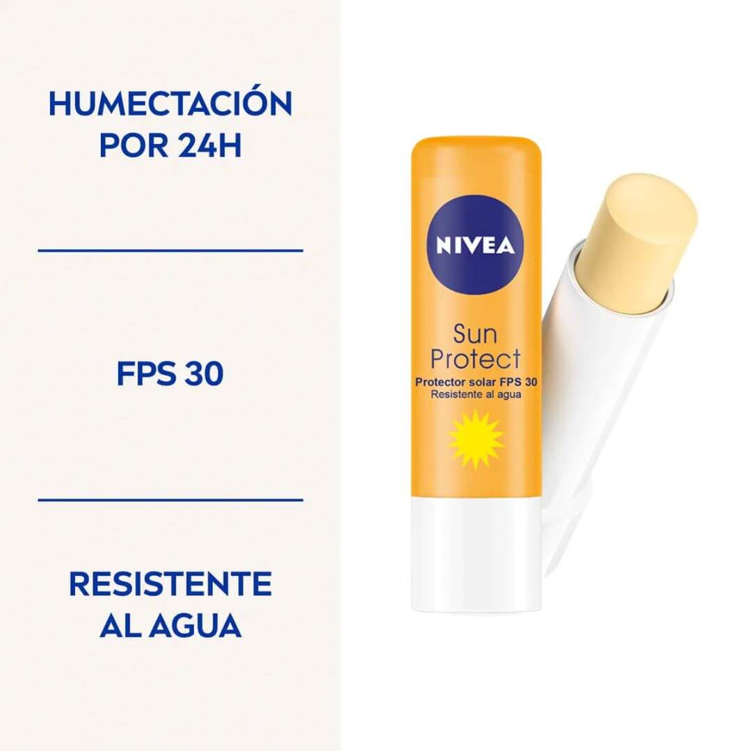 Protector solar labial Sun Protect FPS30, ideal para proteger los labios del daño solar mientras los mantiene hidratados.
