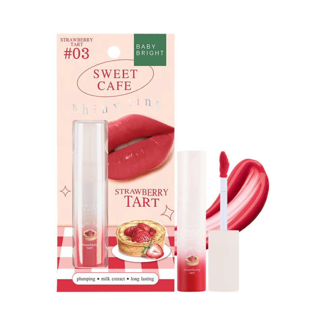 Labial Sweet Cafe Shiny Tint de Baby Bright tono Strawberry Cake 03, maquillaje labial hidratante y de larga duración.