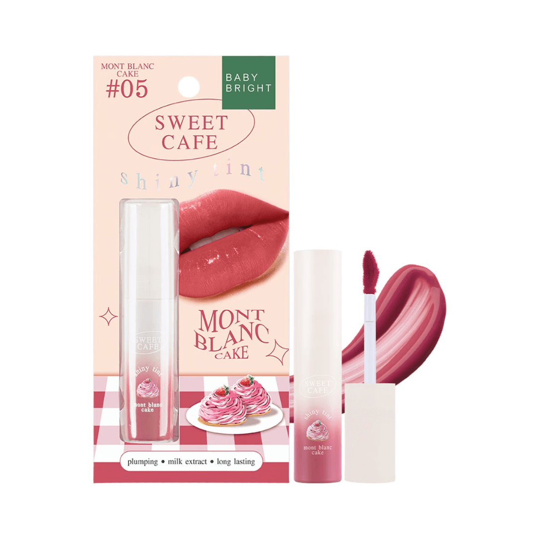 Labial Sweet Cafe Shiny Tint de Baby Bright tono Mont Blanc Cake 05, maquillaje labial hidratante y de larga duración.