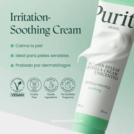 Purito Wonder Releaf Centella Cream Unscented, crema facial para pieles sensibles, con extracto de centella asiática y fórmula suave.