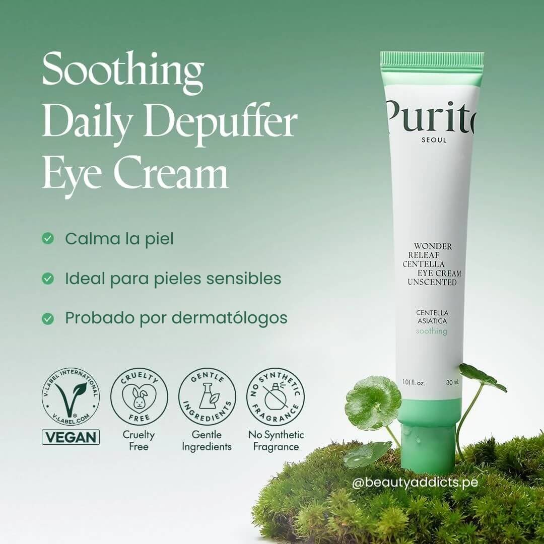 Crema de ojos Wonder Releaf Centella Unscented de Purito, fórmula sin fragancia que alivia y nutre la zona del contorno de ojos.