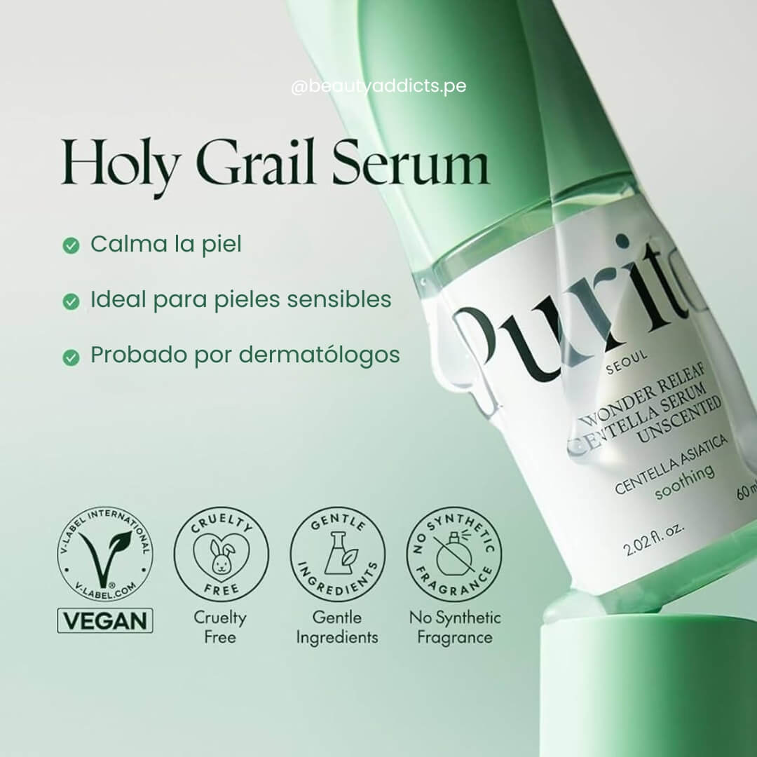 Serum Wonder Releaf Centella Unscented de Purito, ideal para pieles sensibles que necesitan alivio e hidratación sin fragancias añadidas.